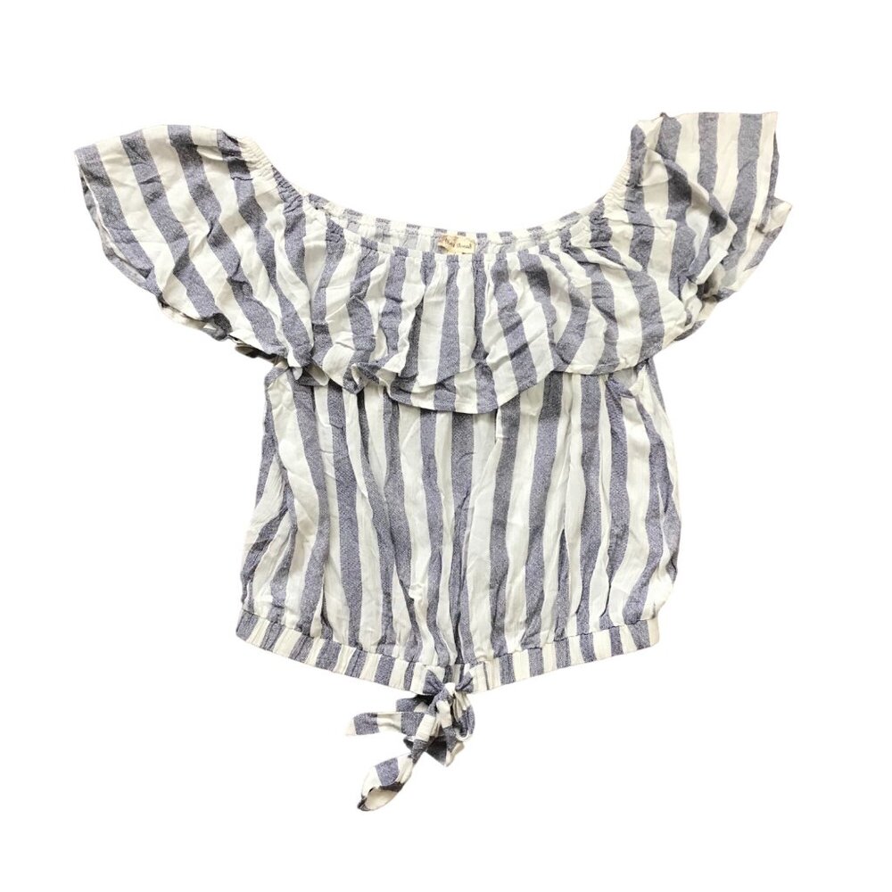 Hem & Thread Rayon Off the Shoulder Top Women's Large Faux Front Tie Striped